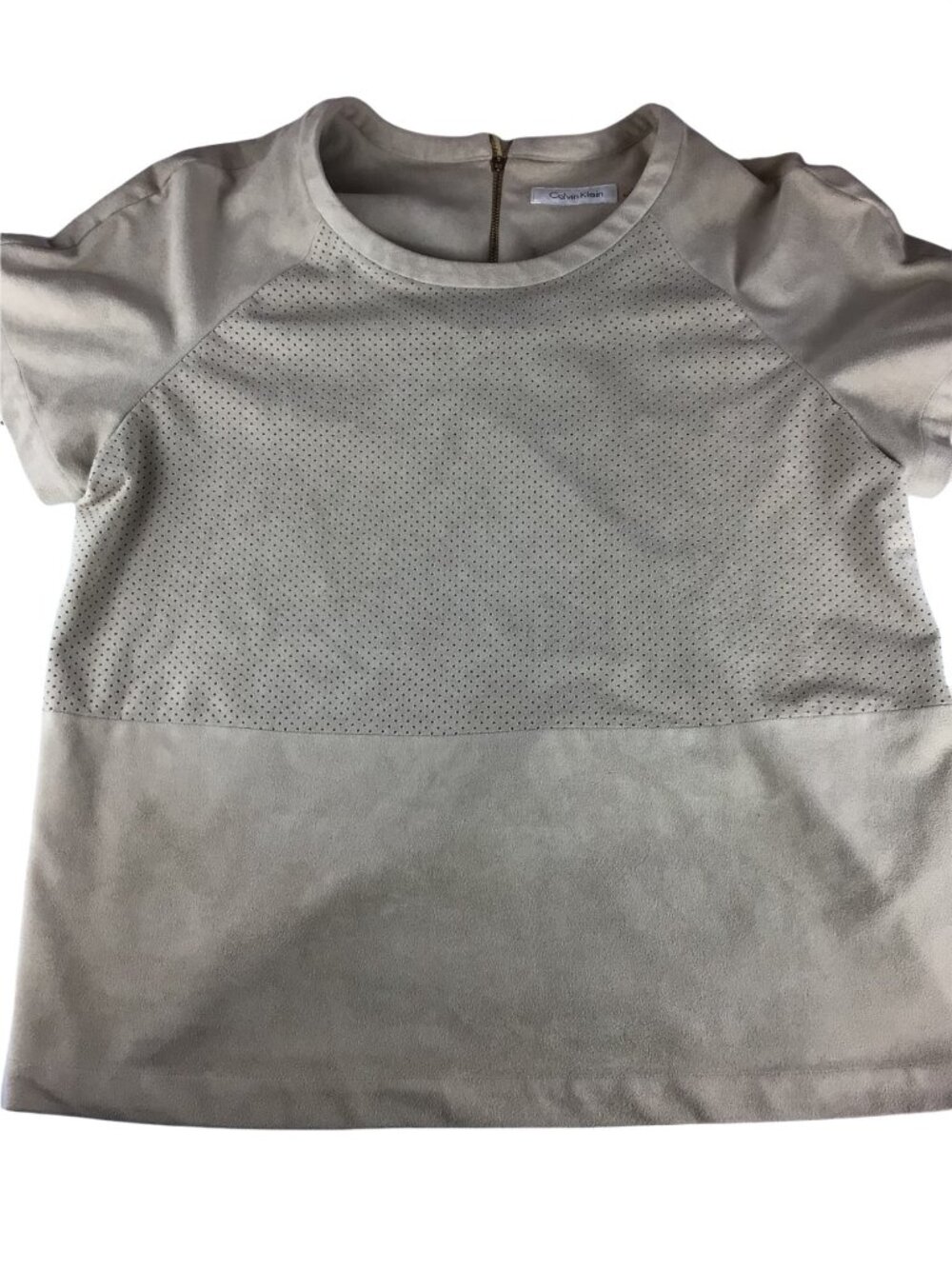 Calvin Klein Beige Faux Suede Short Sleeve Top*Gold Back Zipper Closure*EUC*L